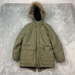 Eddie Bauer Parka Jacket Kids M (10/12) Green Faux Fur Hood Long Sleeve Full Zip